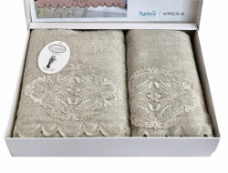 Набор полотенец махровых бамбуковых с гипюром в коробке KARVEN HS1716 DAMASK V1 бежевый 50х90 (1шт), 70х140 (1шт)