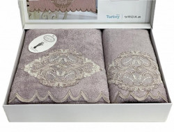Набор полотенец махровых бамбуковых с гипюром в коробке KARVEN HS1716 DAMASK V4 лиловый 50х90 (1шт), 70х140 (1шт)