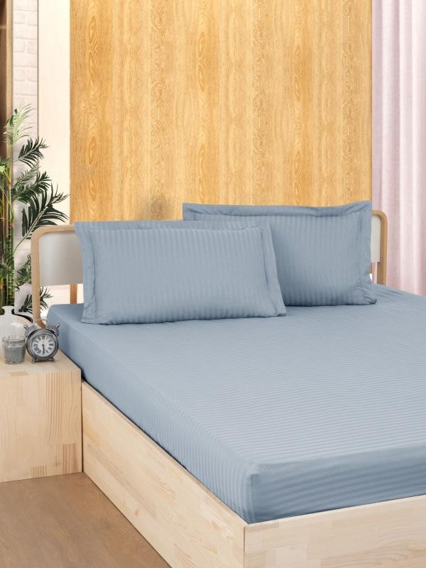 Простыня на резинке из страйп-сатина KARVEN P935 индиго 100х200х33 с наволочкой 50х70