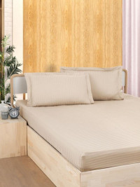 Простыня на резинке из страйп-сатина KARVEN P935 песочная 100х200х33 с наволочкой 50х70