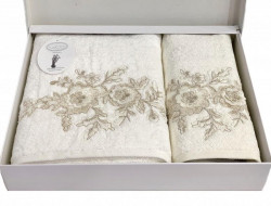 Набор полотенец махровых бамбуковых с гипюром в коробке KARVEN HS1716 FLOWERS V2 кремовый 50х90 (1шт), 70х140 (1шт)